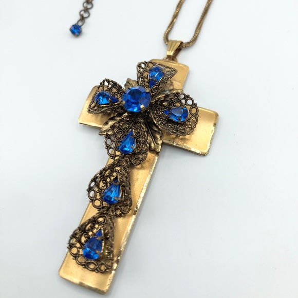 Antique Cross Glass Rhinestone Pendant Necklace